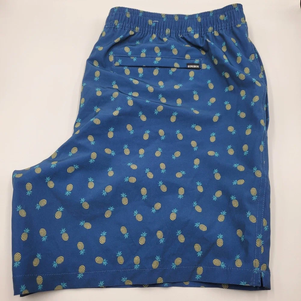 Bonobos Mens Pineapple Print Swim Trunks Dark Blue 7 Inch Inseam XL BOE26110CO